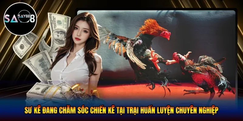 Sư kê đang chăm sóc chiến kê tại trại huấn luyện chuyên nghiệp